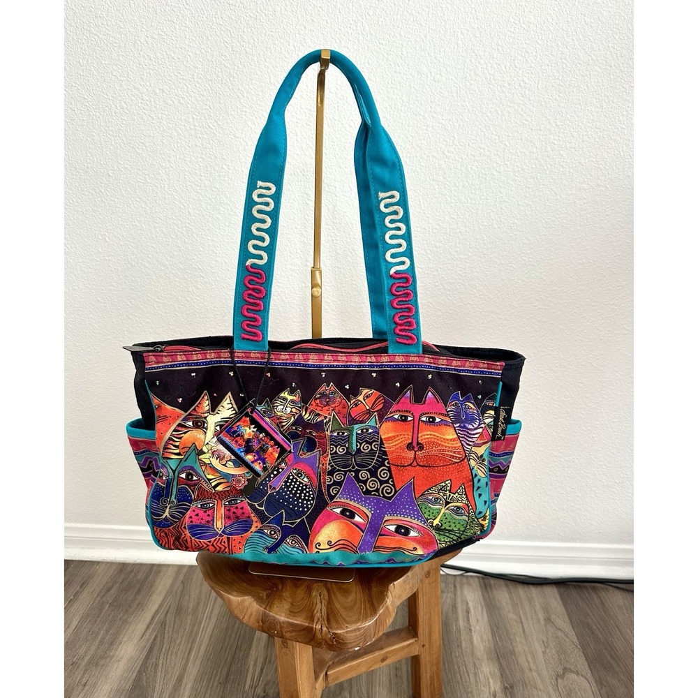 Laurel Burch Cat Bag NWT Large Shoulder Tote Embroidered Canvas‎ Beaded Zip Top